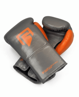 Premium grey and orange boxing gloves pair for training sparring and professional combat sports